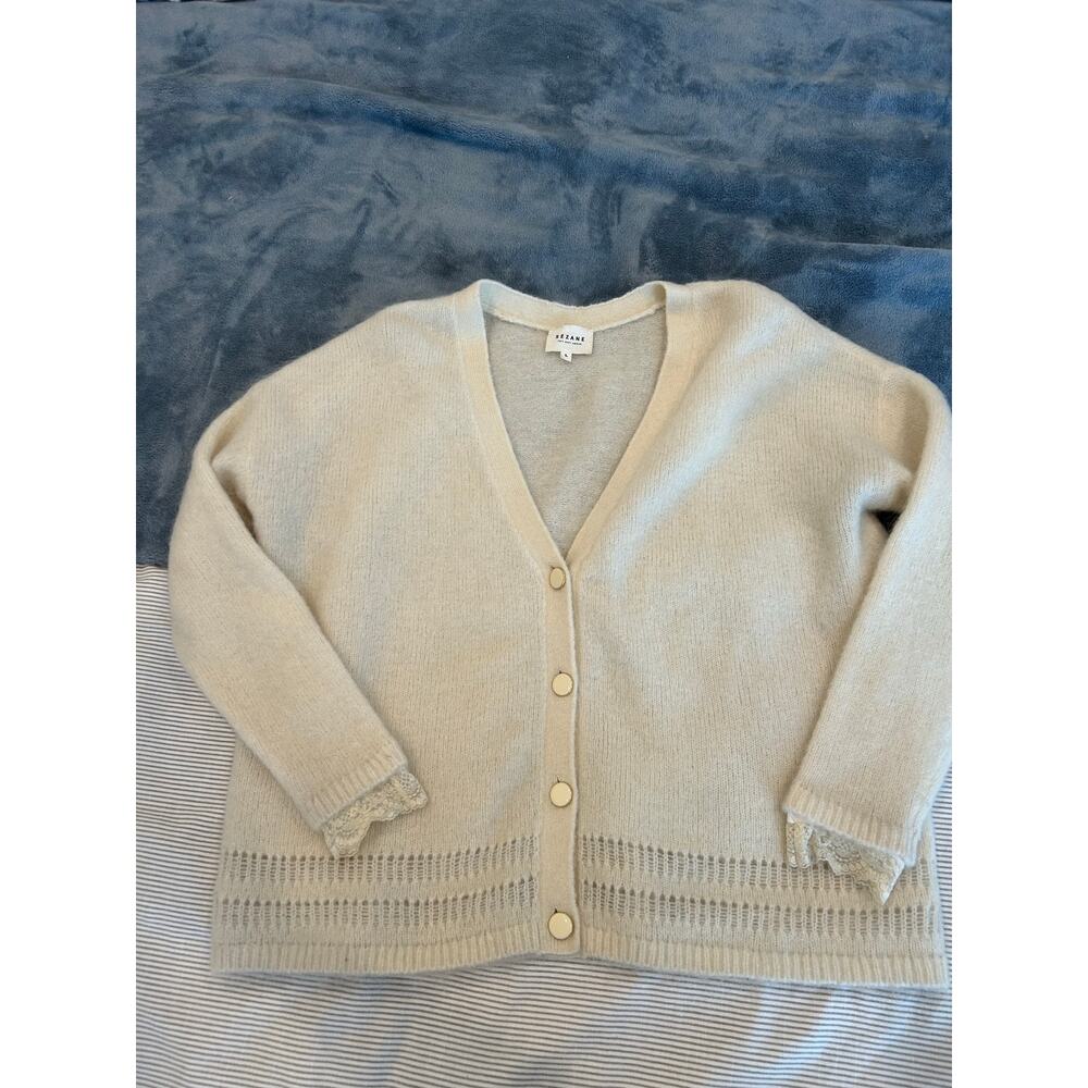 Sezane Cream V neck cardigan lace detail kid mohair / merino wool Sz L - EUC - Picture 6 of 10